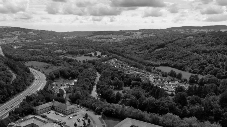 Arial view of our design studio in Abercynon